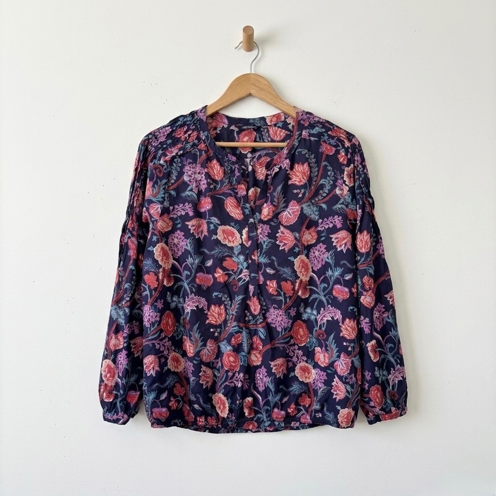 Lucky Brand Navy Blue Pink Floral Split Neck Peasant‎ Blouse Bubble Hem Top L